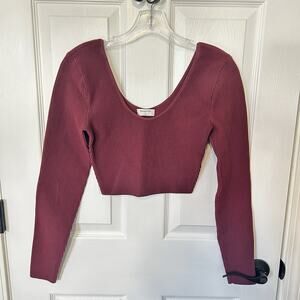 Babaton Maroon Sculpt Ribbed Knit Scoop Neck Cropped Long Sleeve Size Medium